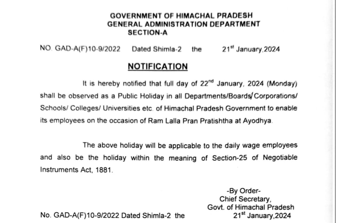 Himachal CM Sukhwinder Singh sukku announces holidays on 22nd January 2024 # update punjab.com